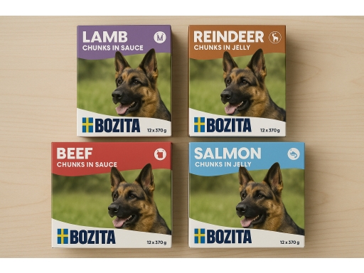 Olika sorters bozita blötmat hund