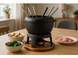 Produktguide testar Dorre Fonda fondue gjutjärnsgryta med akaciaträplatta